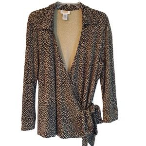 Talbots Wrap Top Womens XL‎ Black White Geometric Tie Waist Long Sleeve Blouse